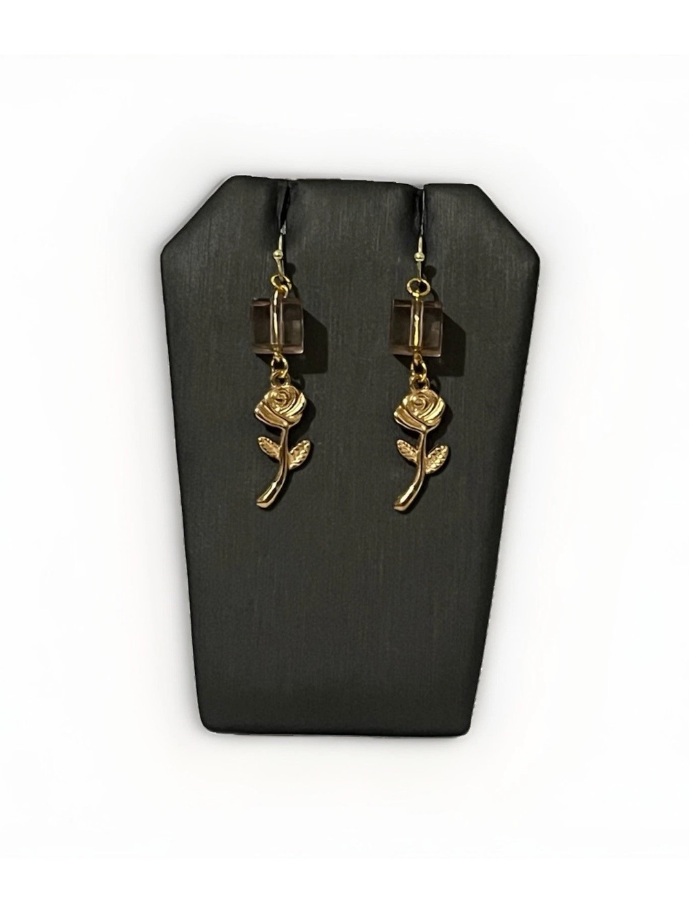 Gold Tone Rose Flower Dangle Earrings Light Pink Cube Beaded Drop Hook